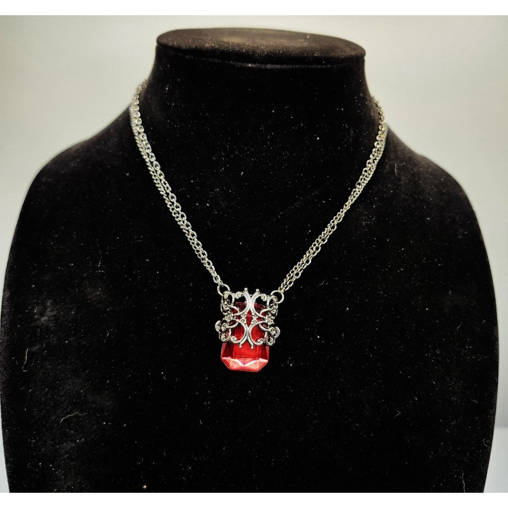 Gothic Victorian Statement Necklace Red Crystal Pendant Dark Silver Tone